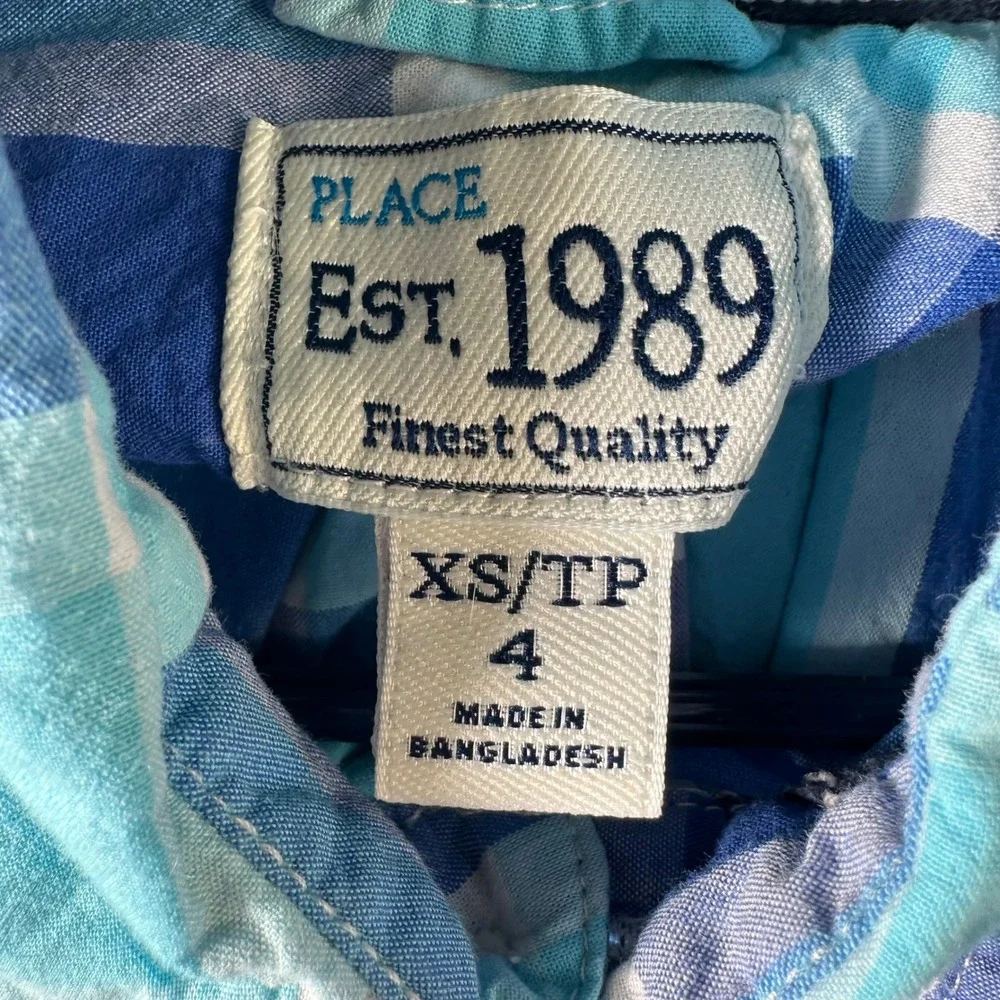 The Childrens Place Blue Plaid‎ Button Down Shirt Long Sleeve Size XS 4 Cotton